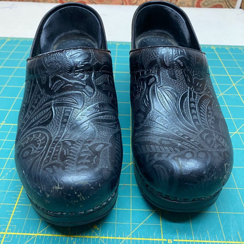 Dansko Professional Black Tooled Leather Clogs, size 39
